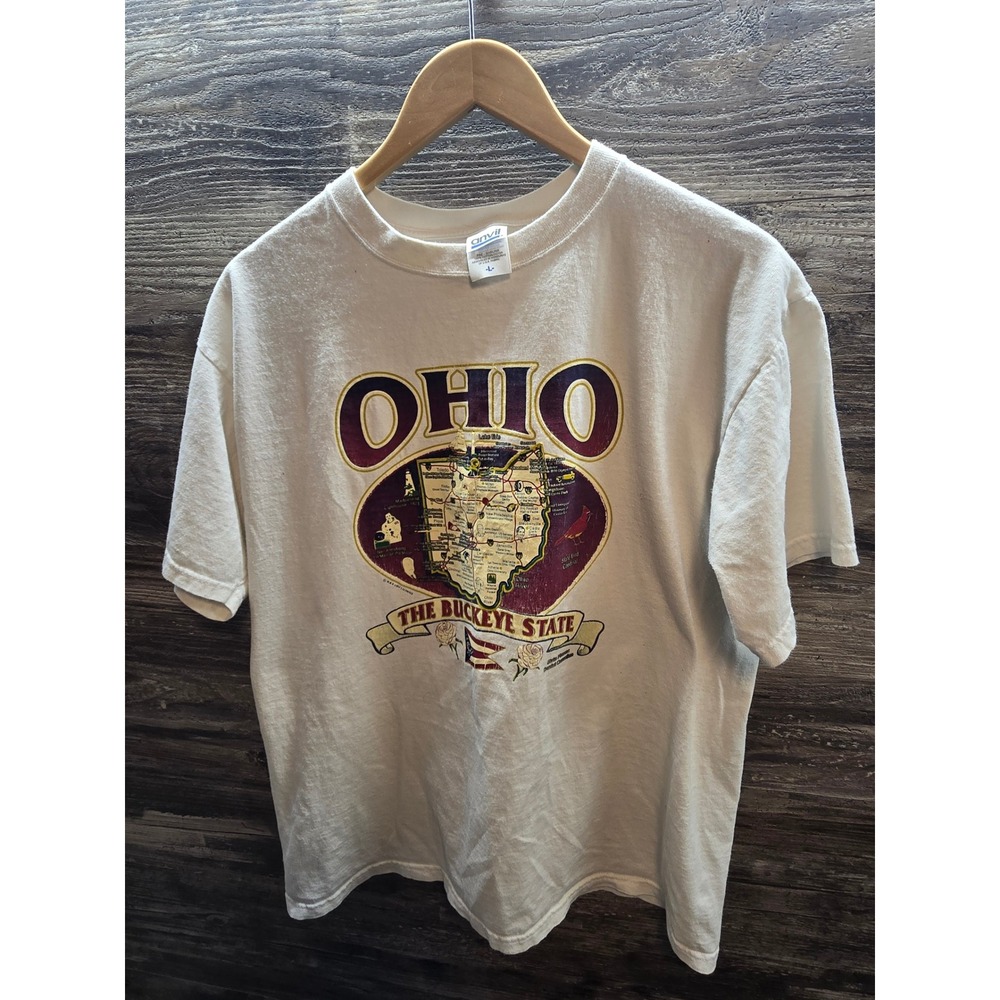 Vintage Anvil Ohio The‎ Buckeye State Map Graphic T-Shirt Mens Large White 90s